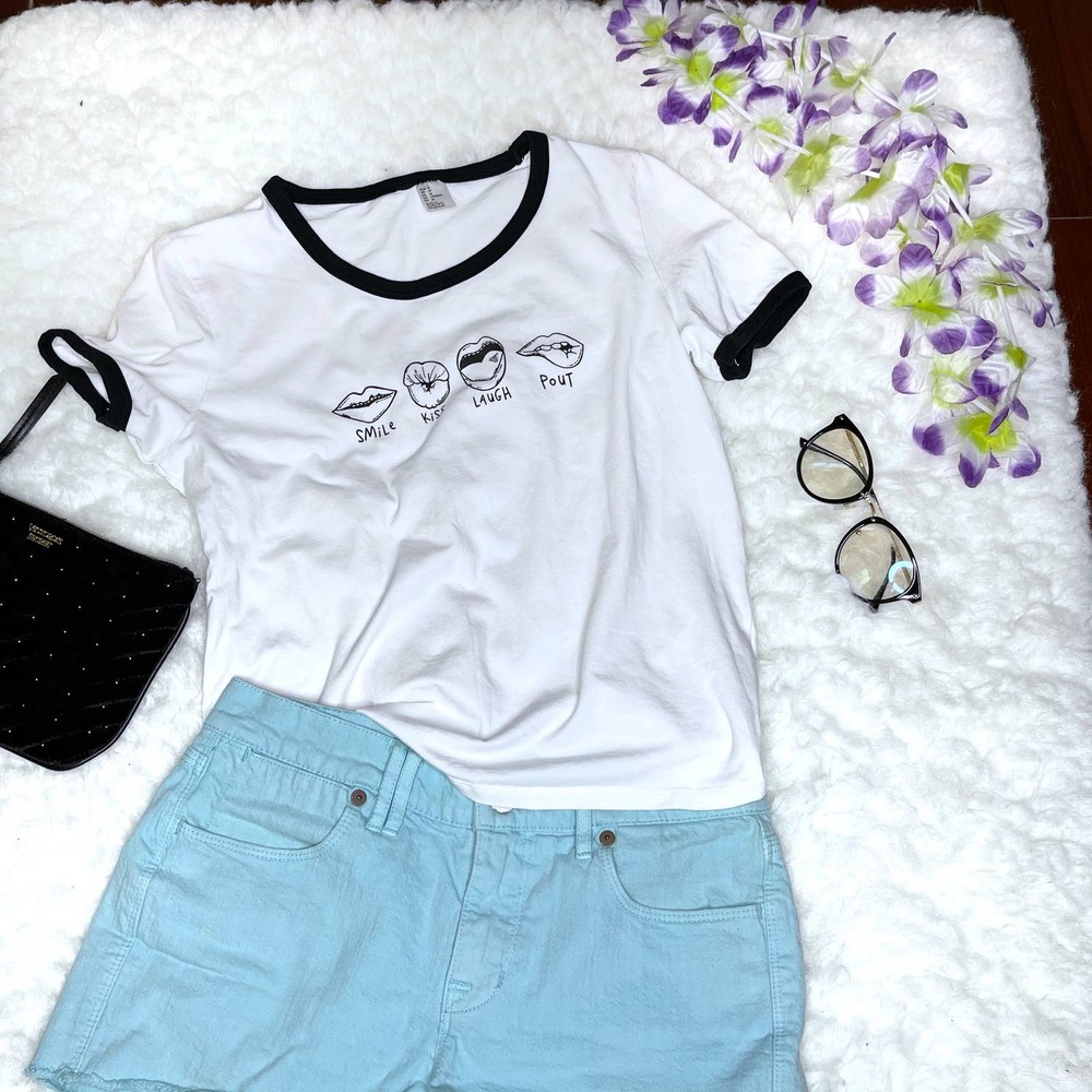 Short Sleeve Emojis Top Shirt White Black Medium
